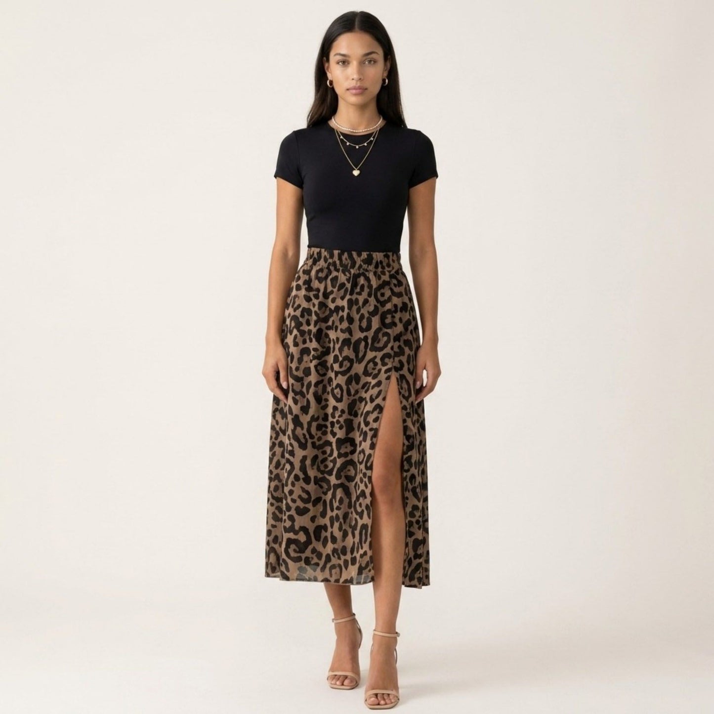 Leopard Print Midi Skirt High Waist Elastic Waist Side Slit Flowy A Line Skirt