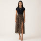 Leopard Print Midi Skirt High Waist Elastic Waist Side Slit Flowy A Line Skirt