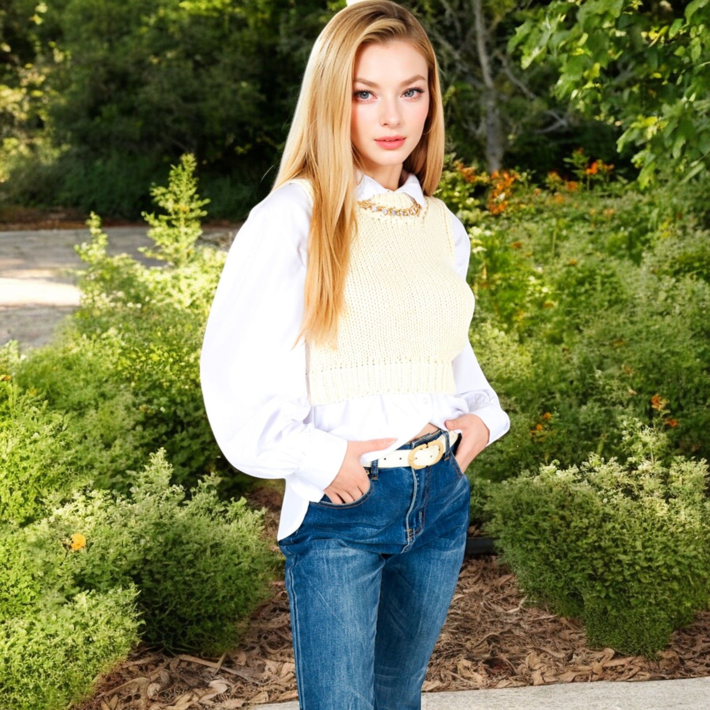 Chunky Knit Sweater Vest with Chain Detail Crew Neck