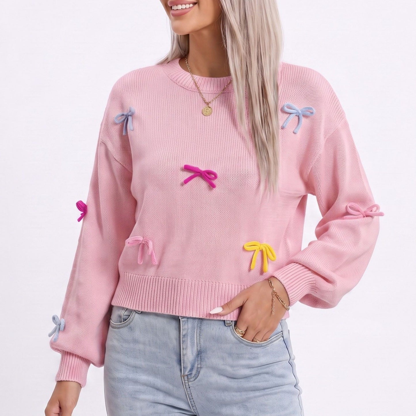 Colorful Bow Crew Neck Long Sleeve Knit Sweater