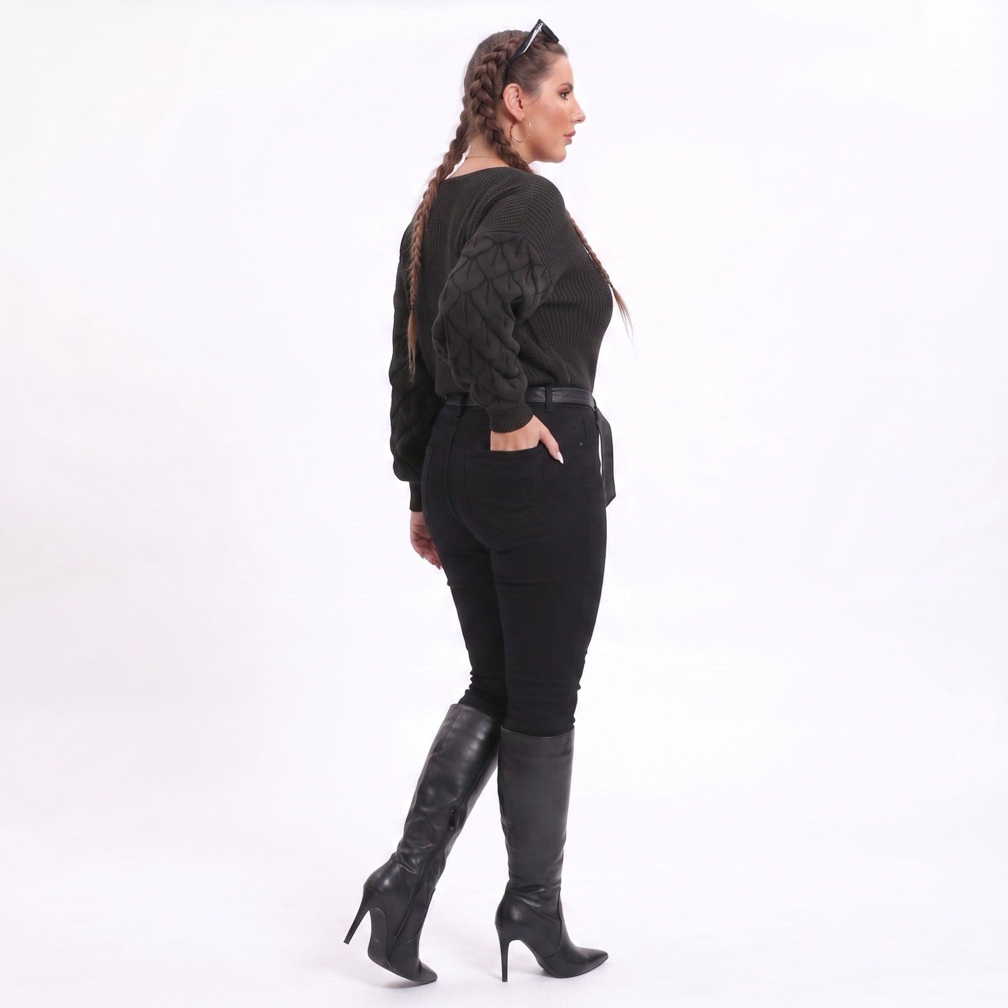 Plus Size V-Neck Textured Sleeve Pullover Sweater
