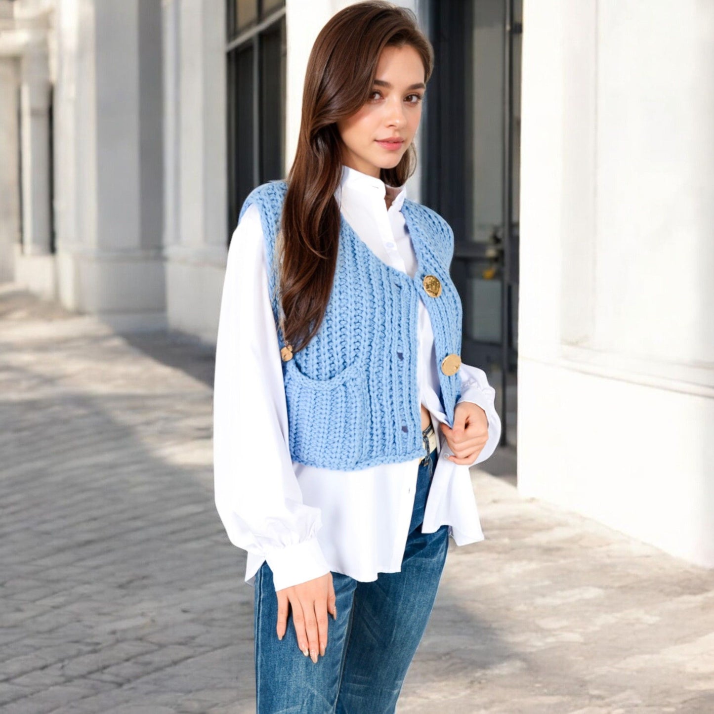 Chunky Knit Vest with Oversized Buttons and Front Pockets