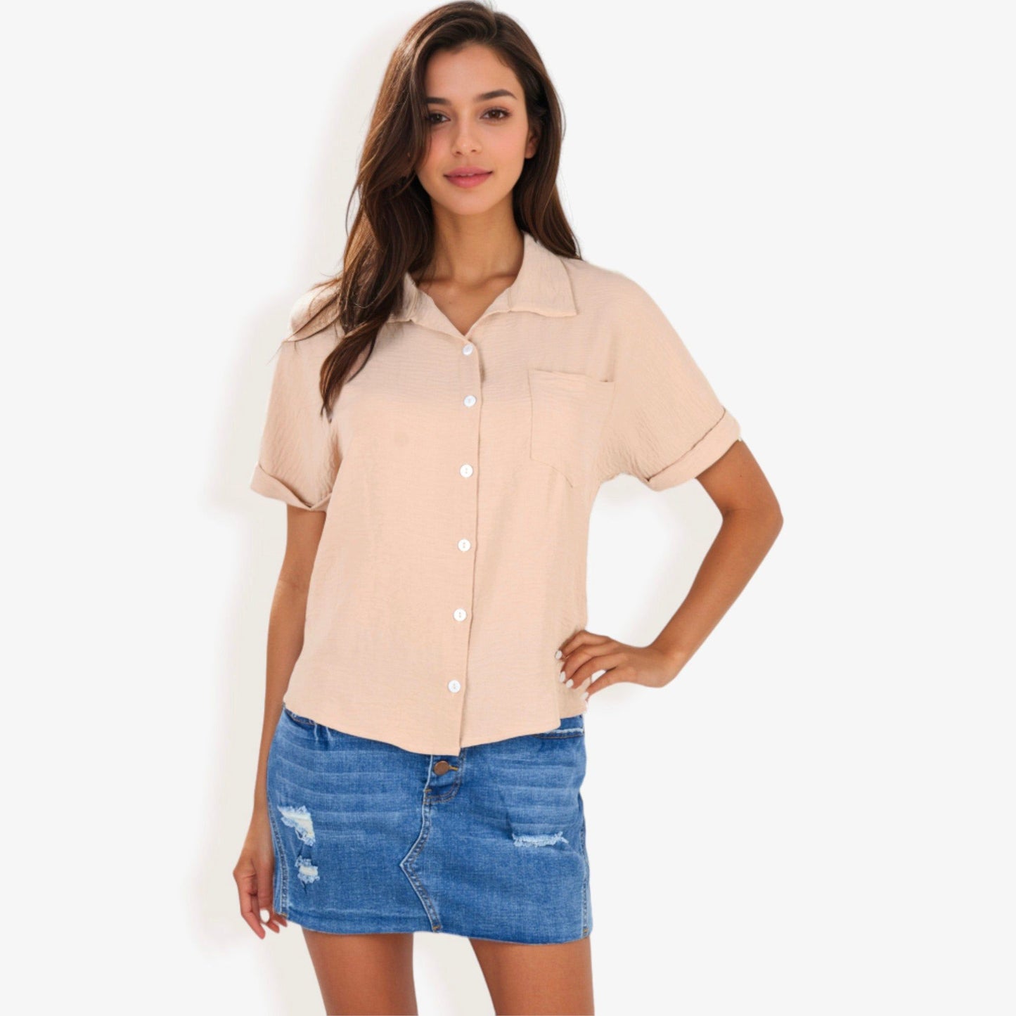 Short Sleeve Button Down Shirt Front Pocket Notched Collar