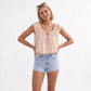 Ruffle Sleeve Blouse Smocked Neck Tie Front Flowy Top