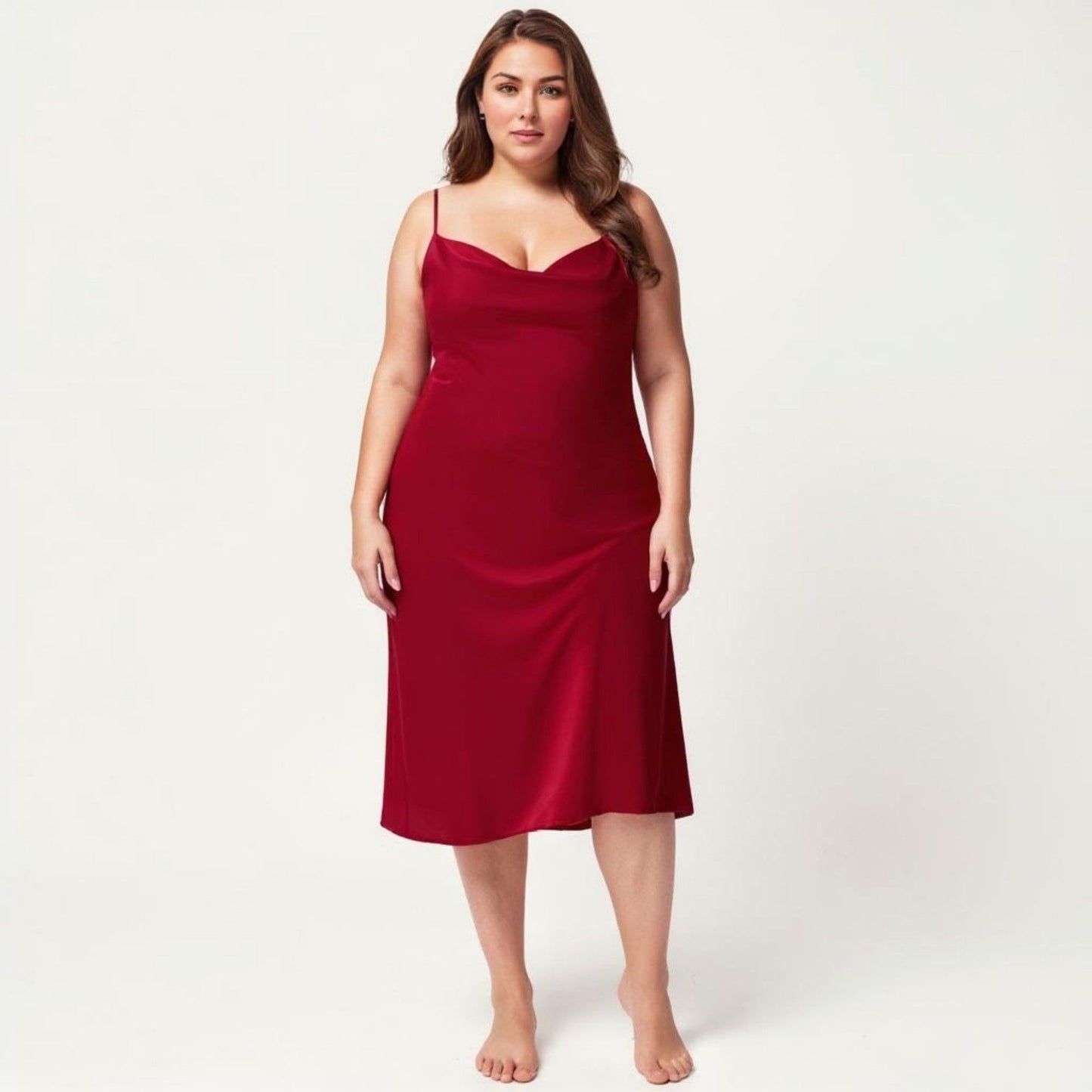 Plus Size Satin Slip Nightgown with Adjustable Spaghetti Straps Midi Length Relaxed Fit Sleepwear Dress