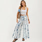 Floral Wide Leg Palazzo Pants with Tiered Hem Detail and Adjustable Tie Waist