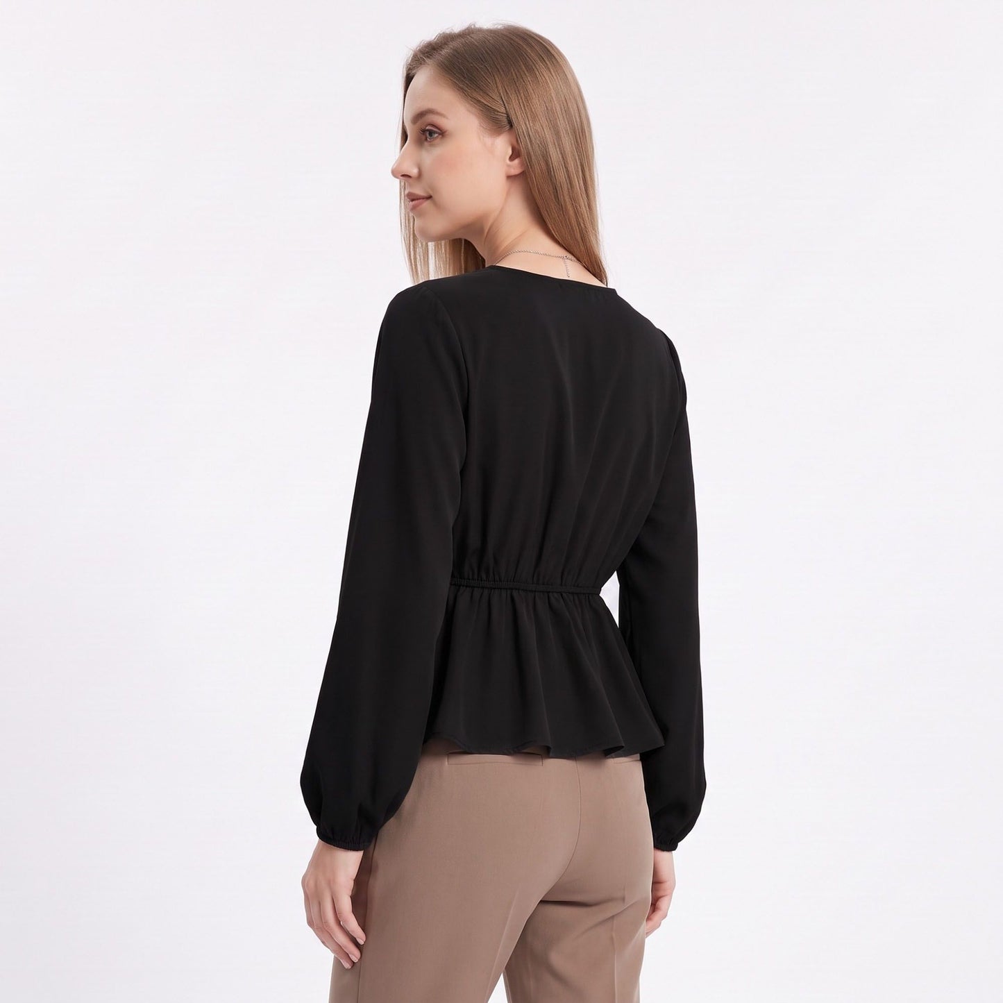 V Neck Long Sleeve Peplum Blouse Elastic Waist Casual Dressy Top