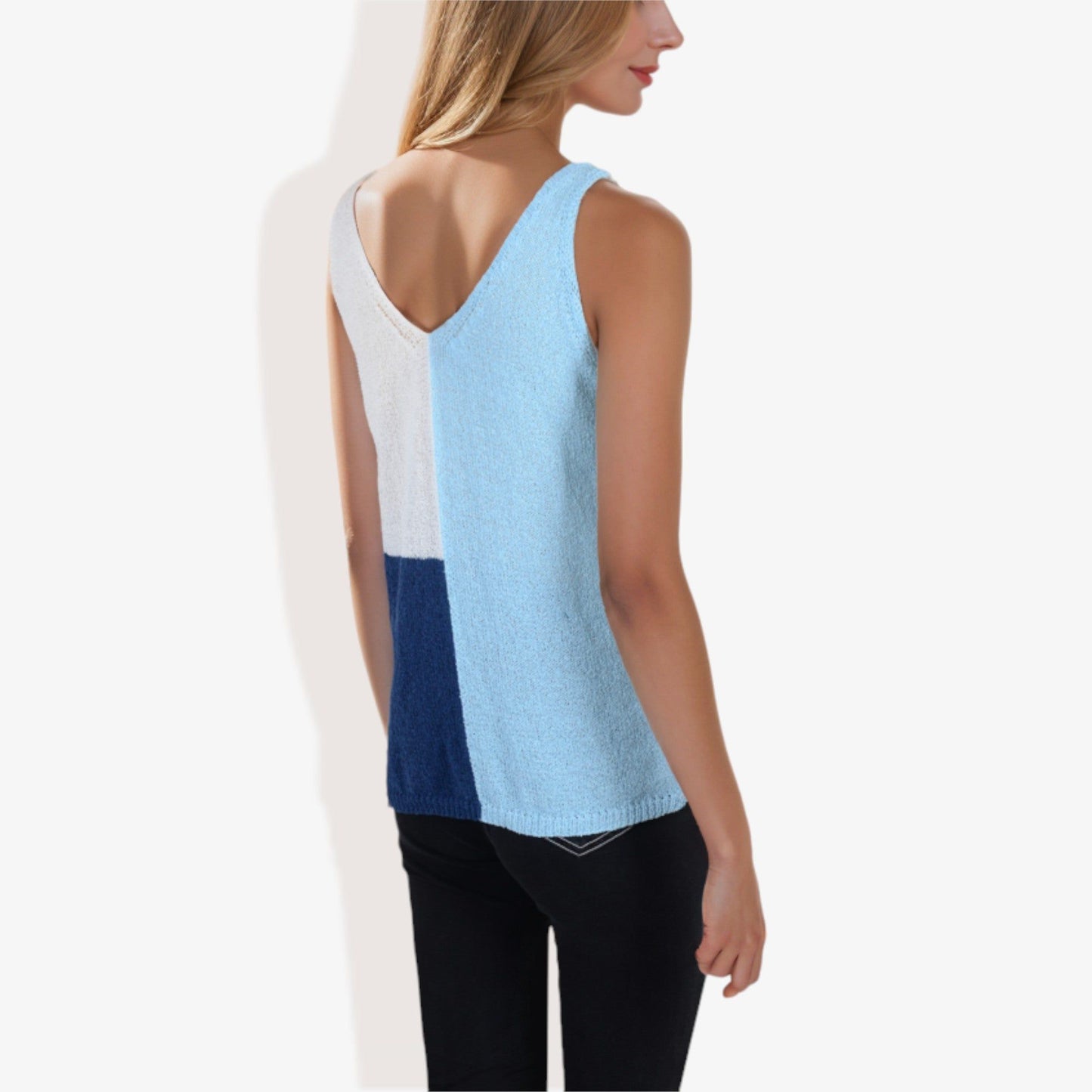 V-Neck Color Block Sweater Top - Lightweight Knit