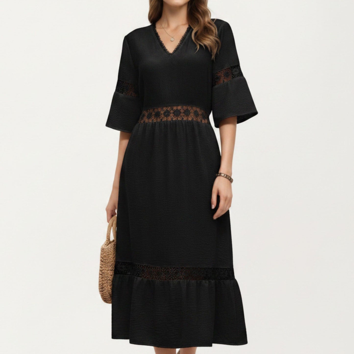 V Neck Midi Dress with Lace Trim Paneling and Short Wide Sleeves Flowing Silhouette