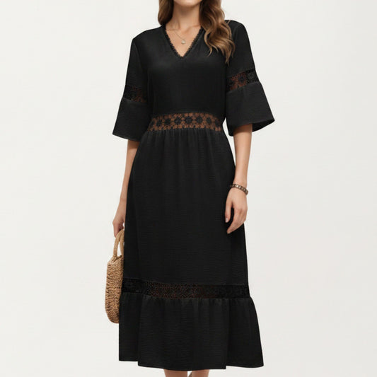 V Neck Midi Dress with Lace Trim Paneling and Short Wide Sleeves Flowing Silhouette