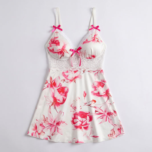 Floral Satin Lace Bustier Chemise Nightgown