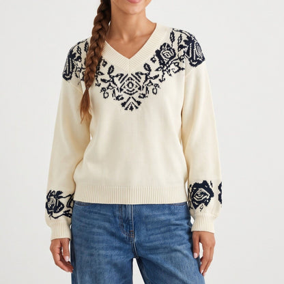 Floral Jacquard V Neck Long Sleeve Pullover Sweater