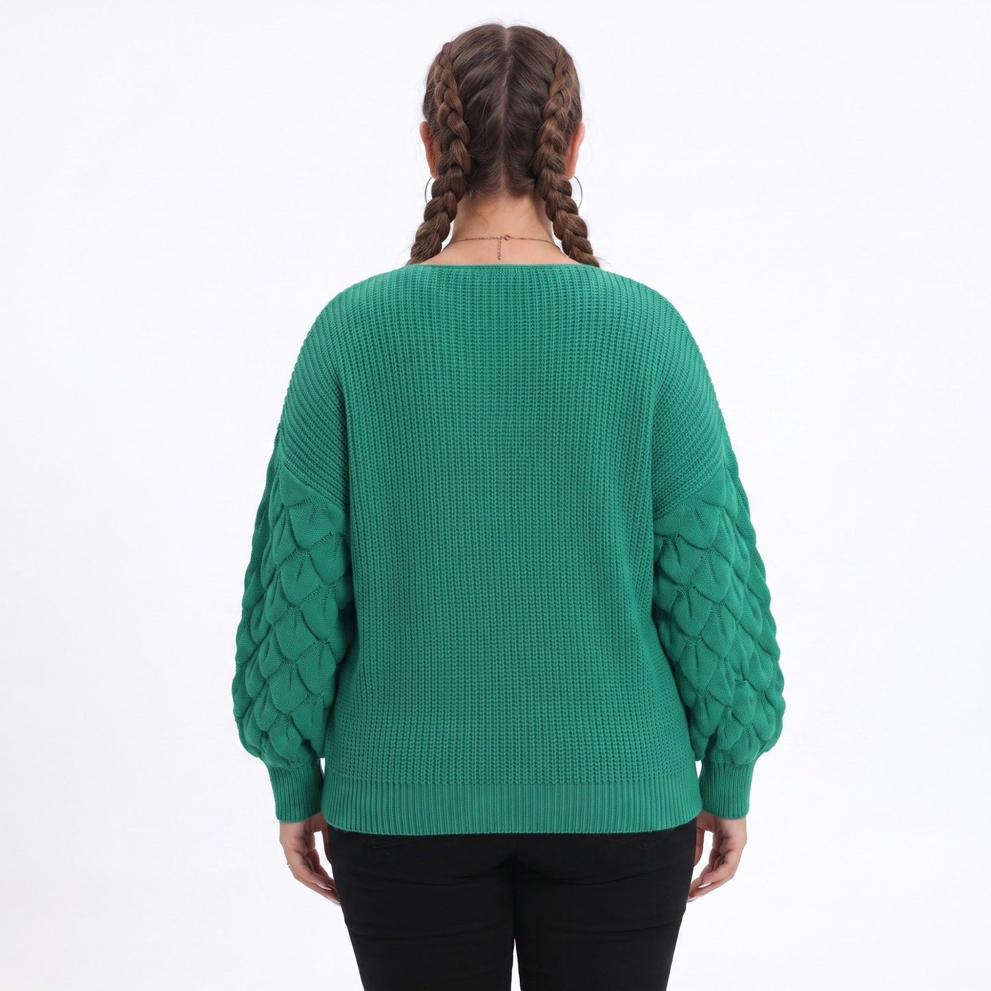 Plus Size V-Neck Textured Sleeve Pullover Sweater