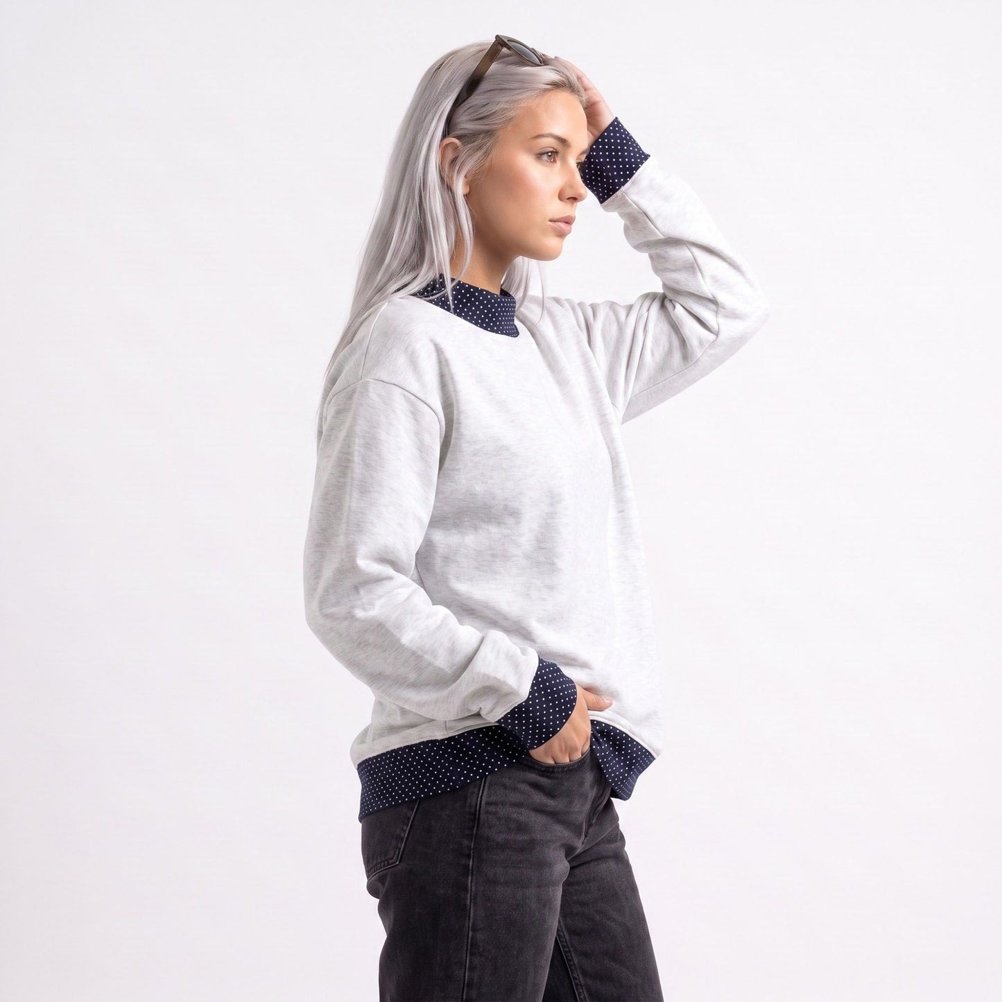 Long Sleeve Contrast Trim Sweatshirt with Polka Dot Details