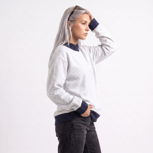 Long Sleeve Contrast Trim Sweatshirt with Polka Dot Details