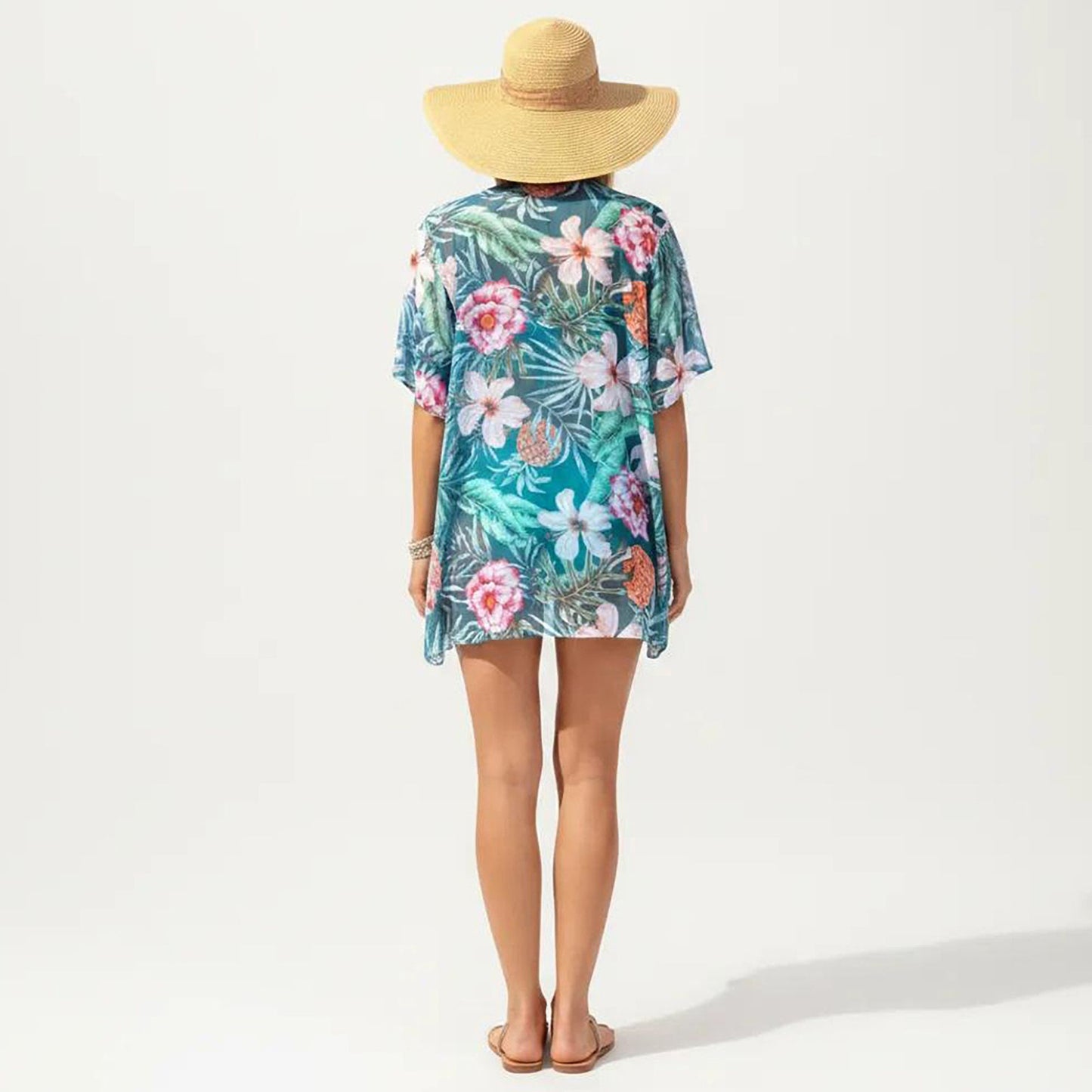 Maternity Floral Print Kimono Cover-Up with High-Waisted Swim Shorts and Tank Top 3-Piece Set