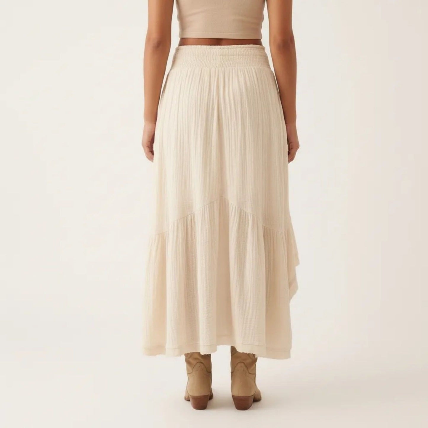 High Low Maxi Skirt Smocked Waist Tassel Tie Flowy Tiered Boho Casual Skirt