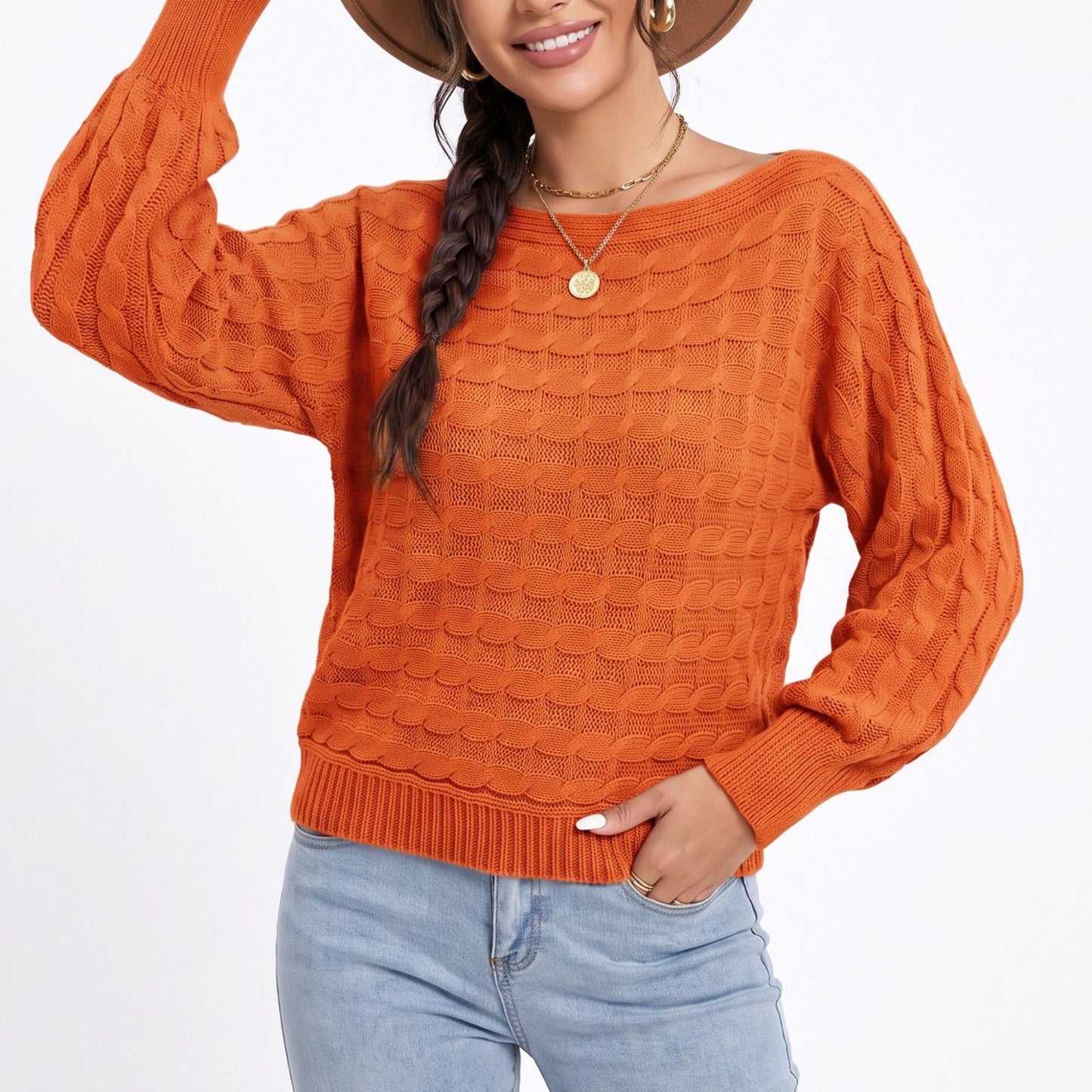 Boat Neck Cable Knit Long Sleeve Pullover Sweater