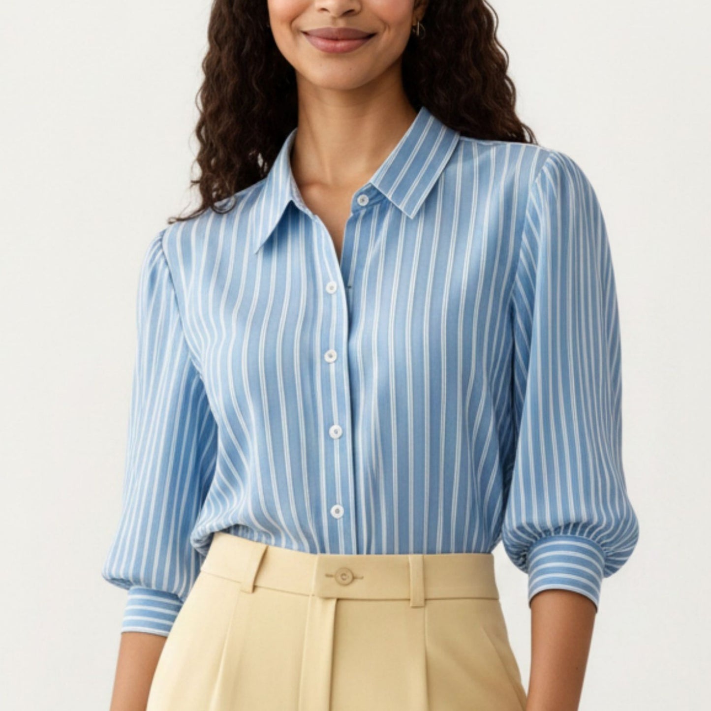 Striped Button Down Blouse with Collared Neckline and Puff Sleeves