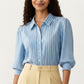 Striped Button Down Blouse with Collared Neckline and Puff Sleeves