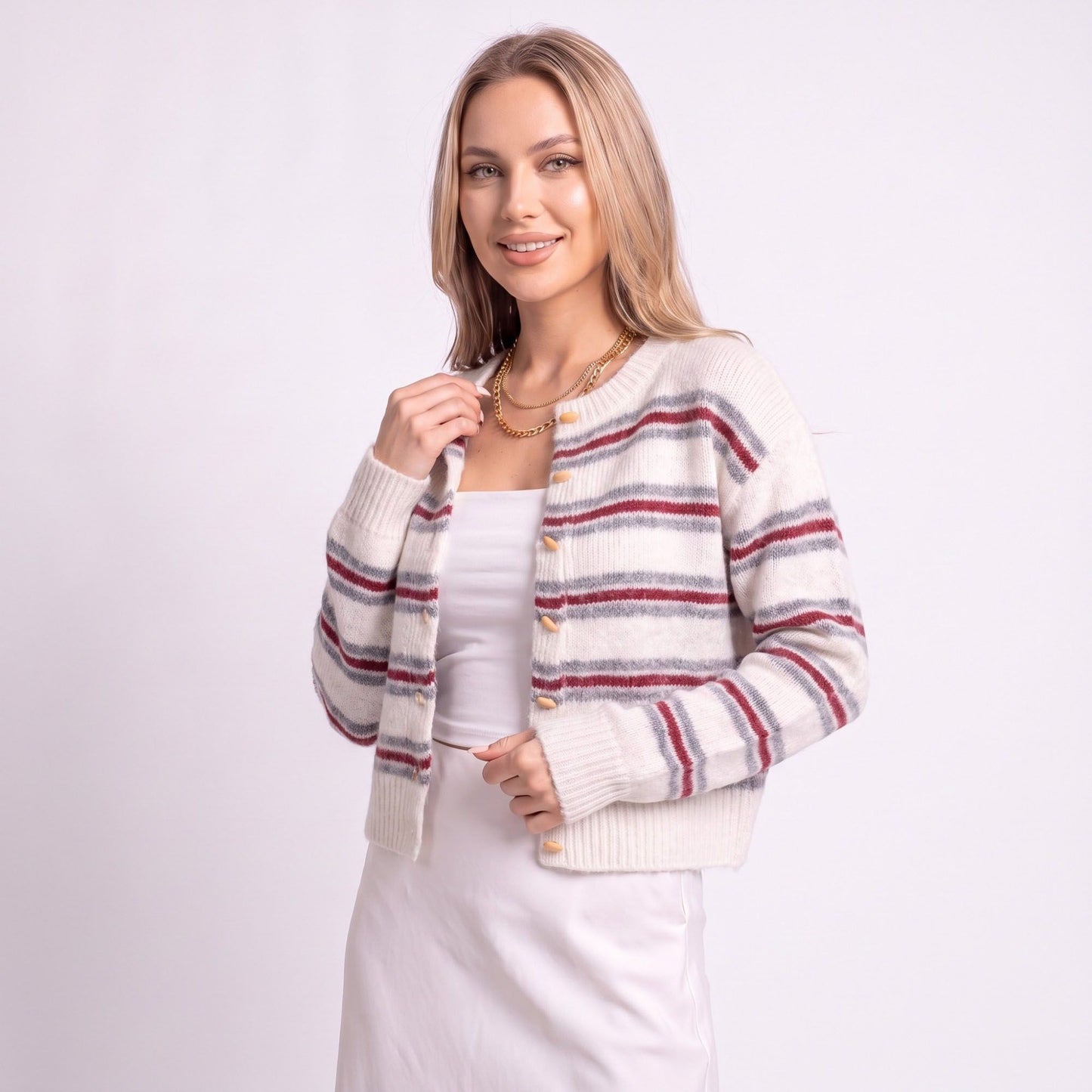 Striped Crewneck Button-Front Cardigan Sweater