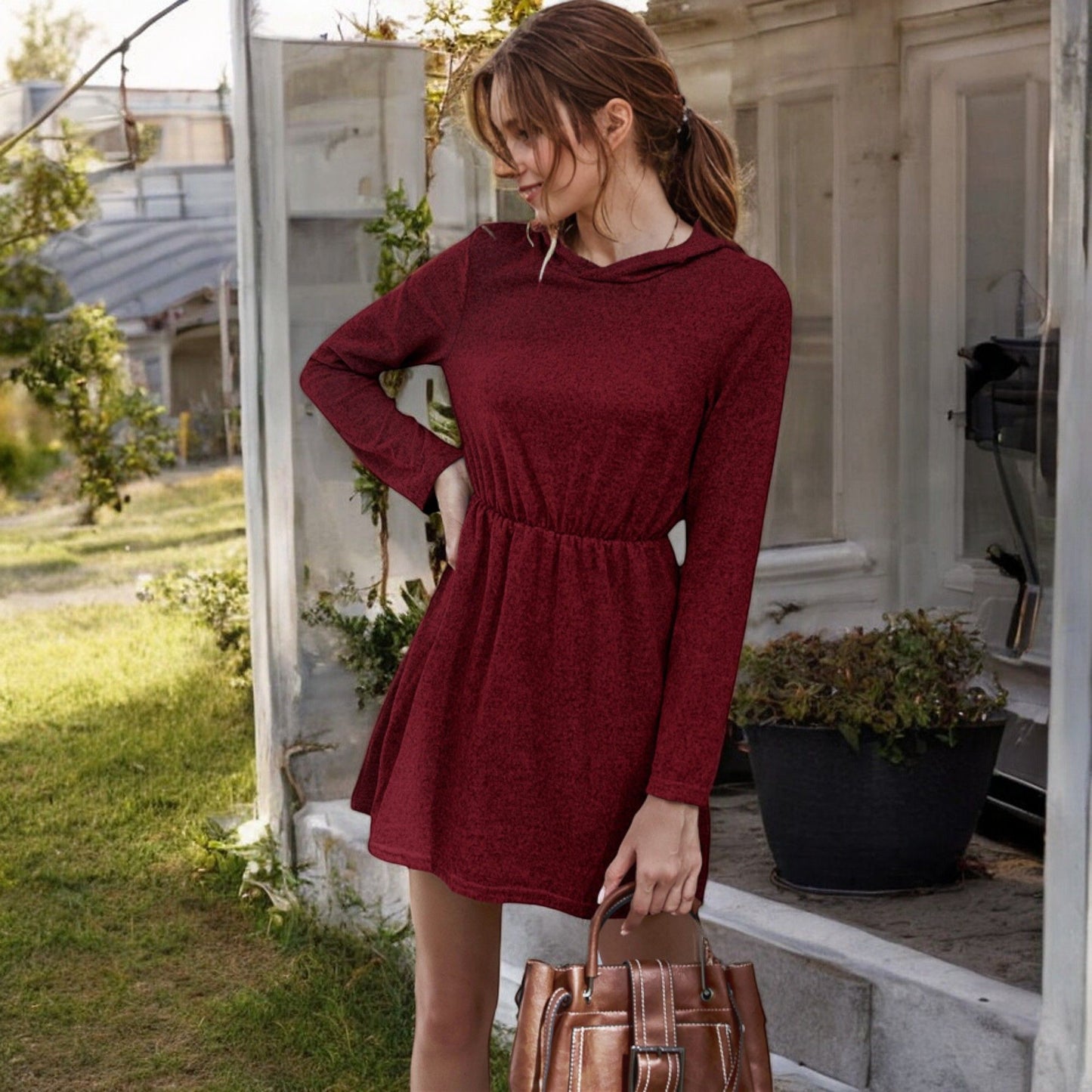 Long Sleeve Mini Dress with Elastic Waist Soft Knit Fabric