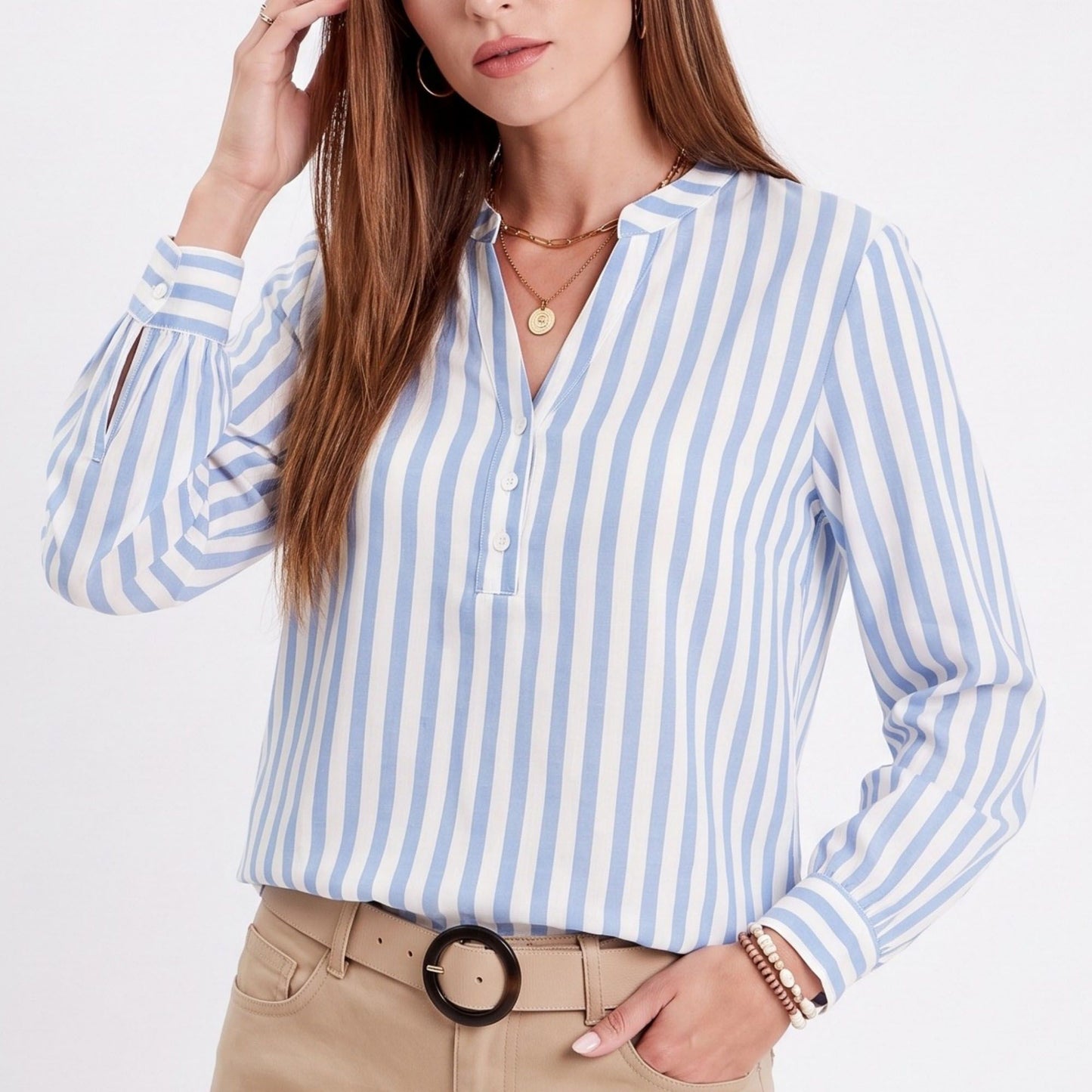 Striped Long Sleeve Split Neck Blouse with Button Placket