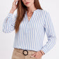 Striped Long Sleeve Split Neck Blouse with Button Placket