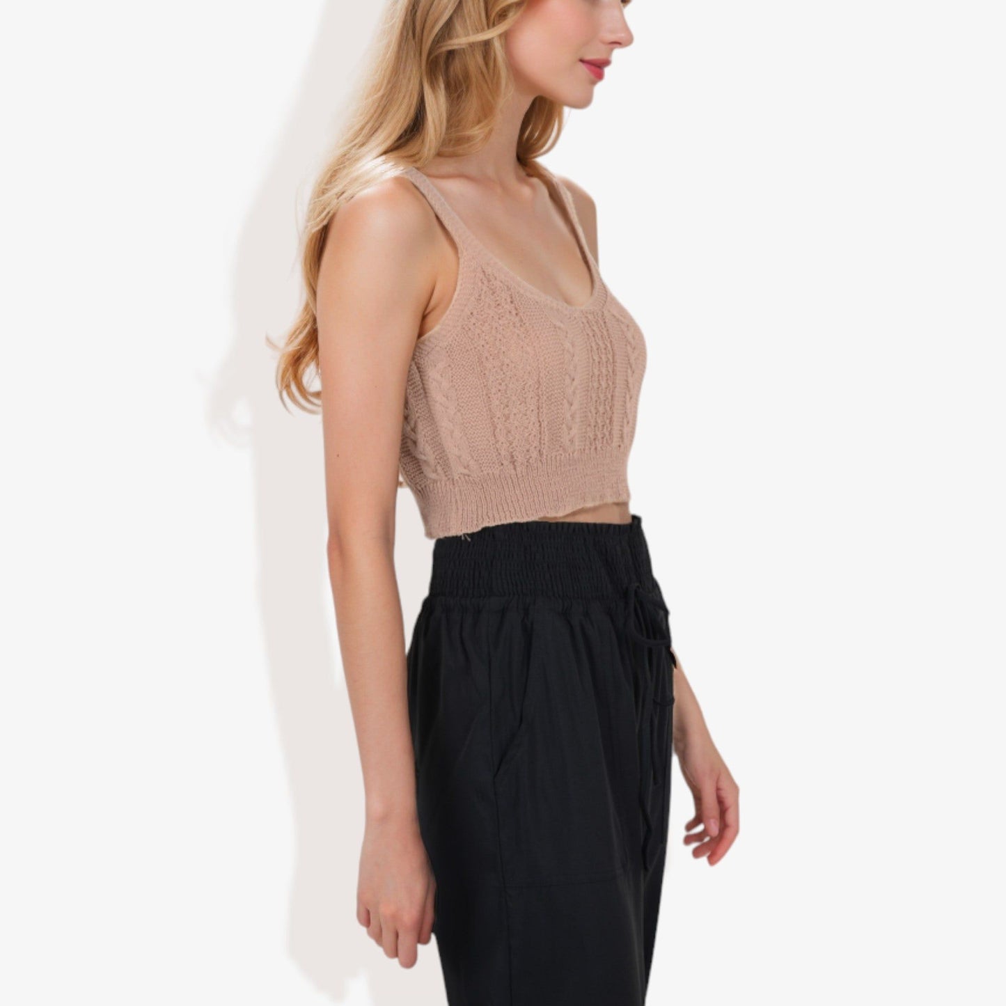 Knit Crop Top with Spaghetti Straps and Ribbed Hem