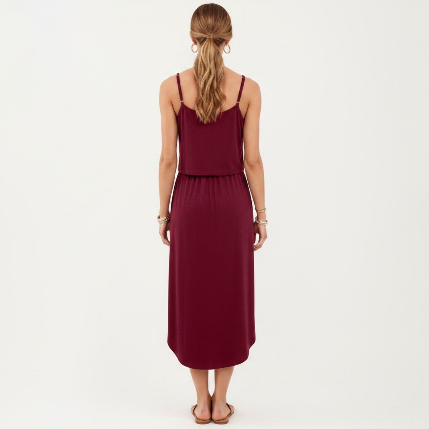 Sleeveless Midi Dress with Spaghetti Straps and Adjustable Drawstring Waist Relaxed Fit Silhouette