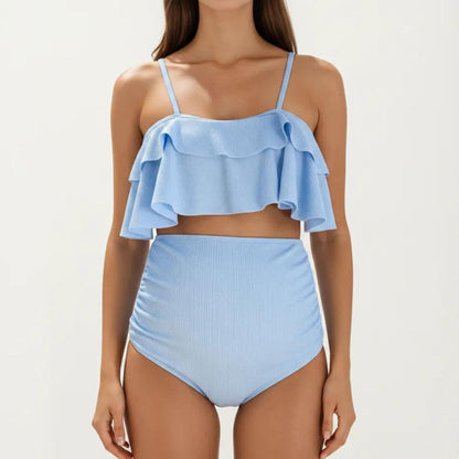 Ribbed Maternity Two-Piece Bikini Set with Ruffle Top and High-Waisted Bottom