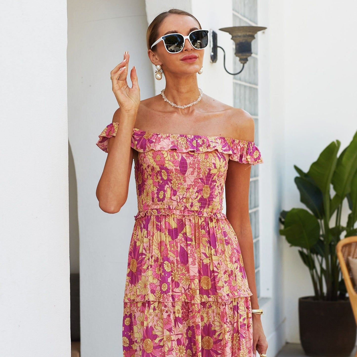 Smocked Chest Floral Print Maxi Dress with Ruffle Hem