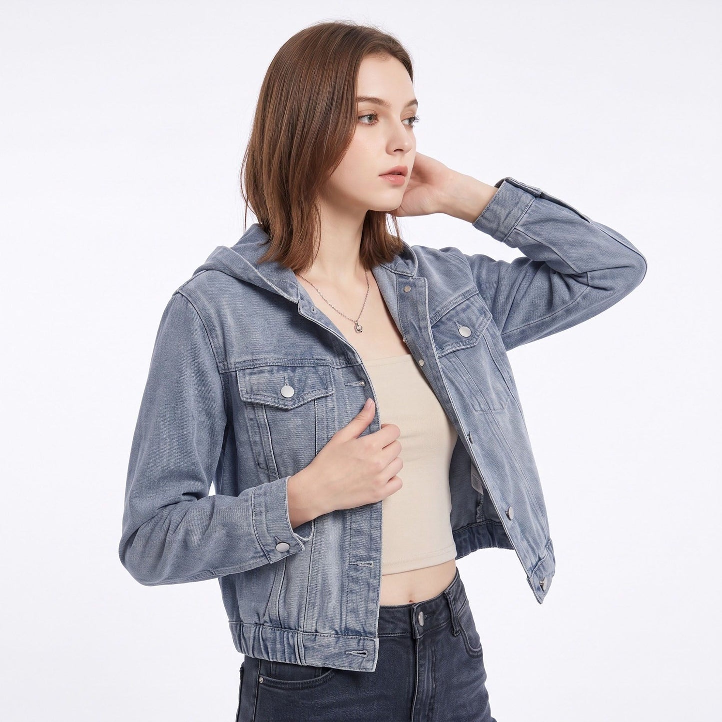 Hooded Denim Jacket Button Front Washed Casual Jean Jacket With Pockets