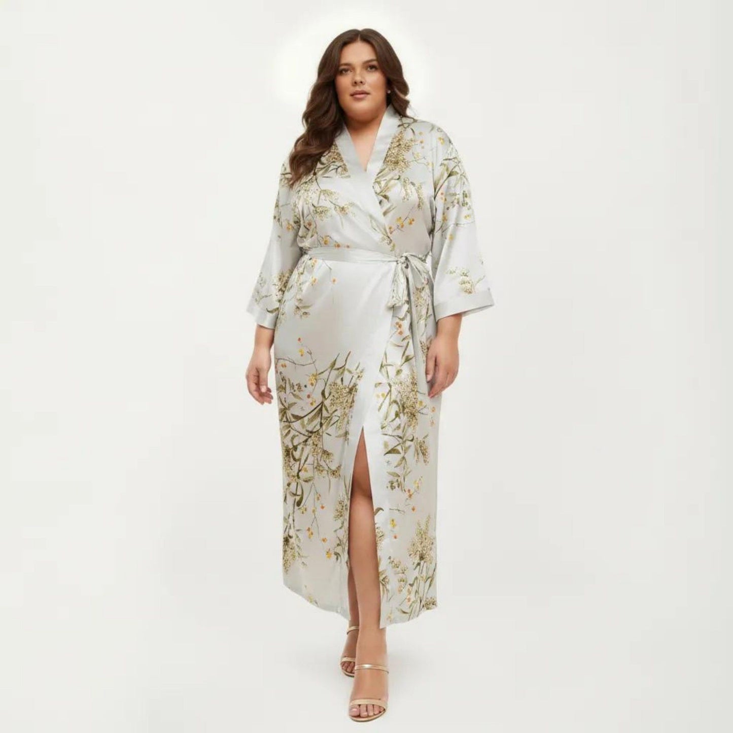 Plus Size Satin Floral Kimono Robe with Self Tie Belt Longline Open Front Lightweight Sleepwear
