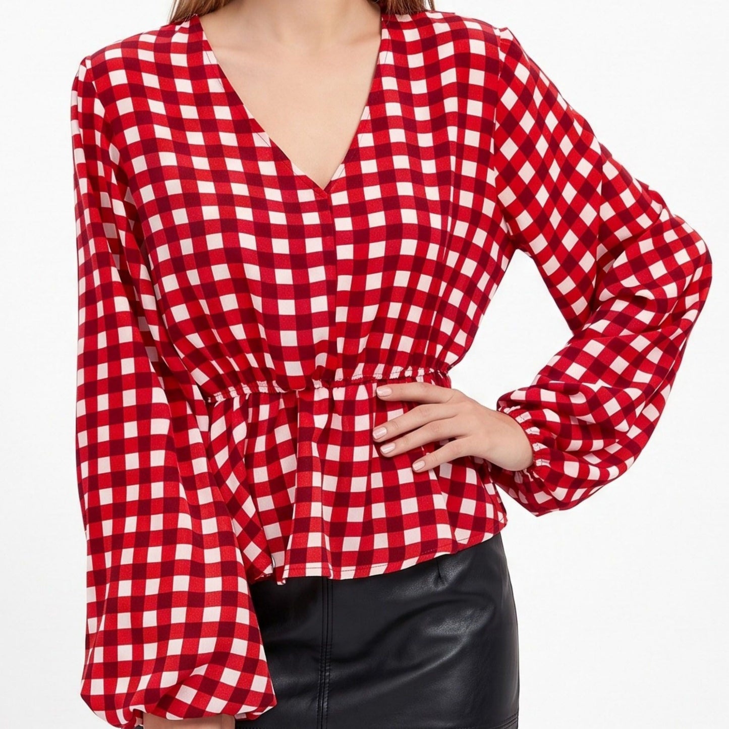 Checkered Peplum Blouse V Neck Long Sleeve Casual Top