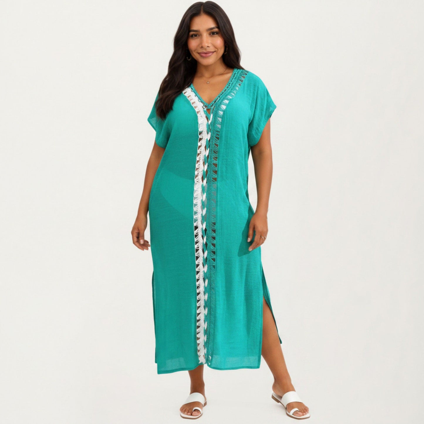 Maxi Swim Cover Up Dress with Crochet Trim V Neck Short Sleeves Relaxed Lightweight Fit