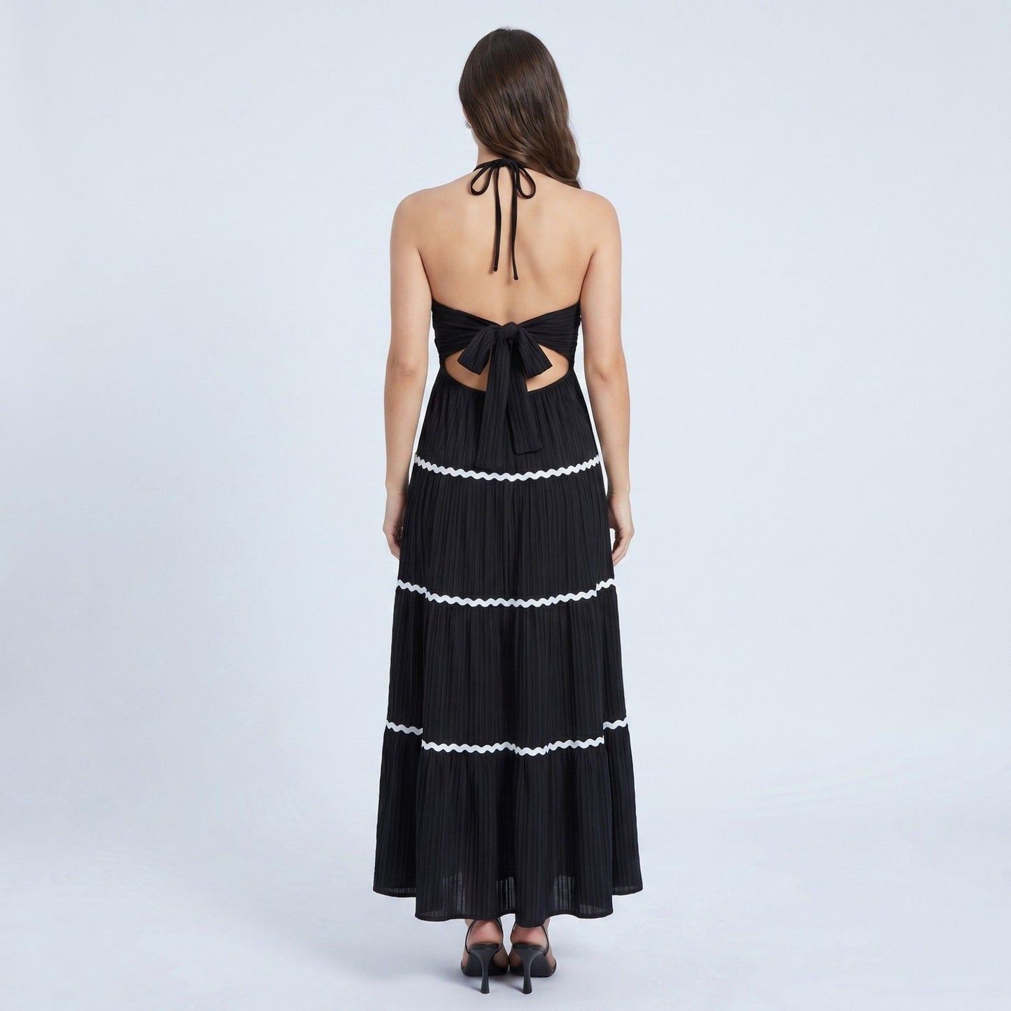 Halter Neck Tiered Maxi Dress with Contrast Trim