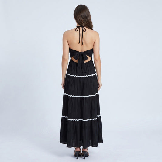 Halter Neck Tiered Maxi Dress with Contrast Trim