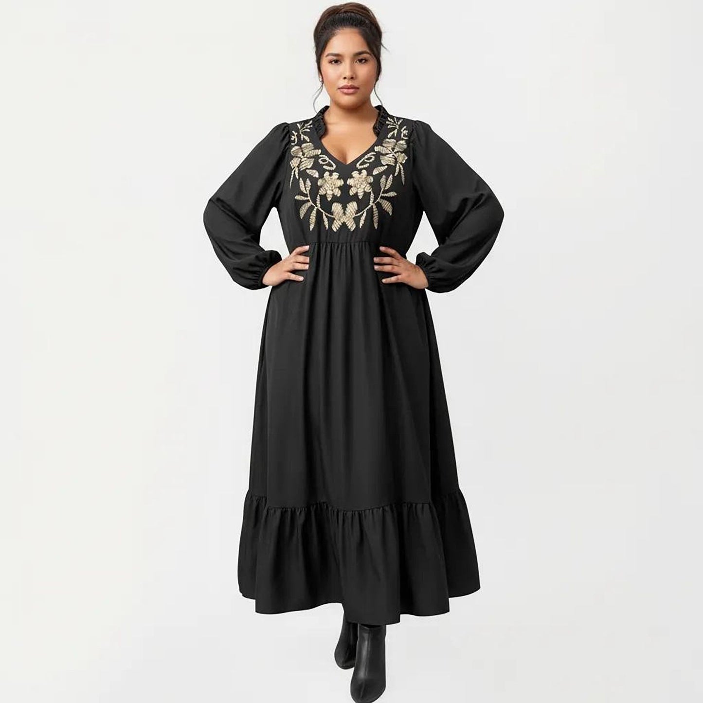 Plus Size Long Sleeve V Neck Dress with Floral Embroidered Bodice and Flowy Tiered Skirt