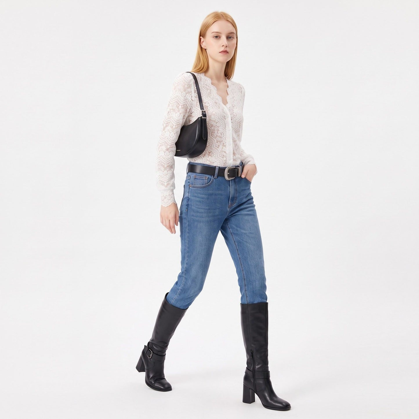 Elegant Scalloped V-Neck Lace Button-Down Top