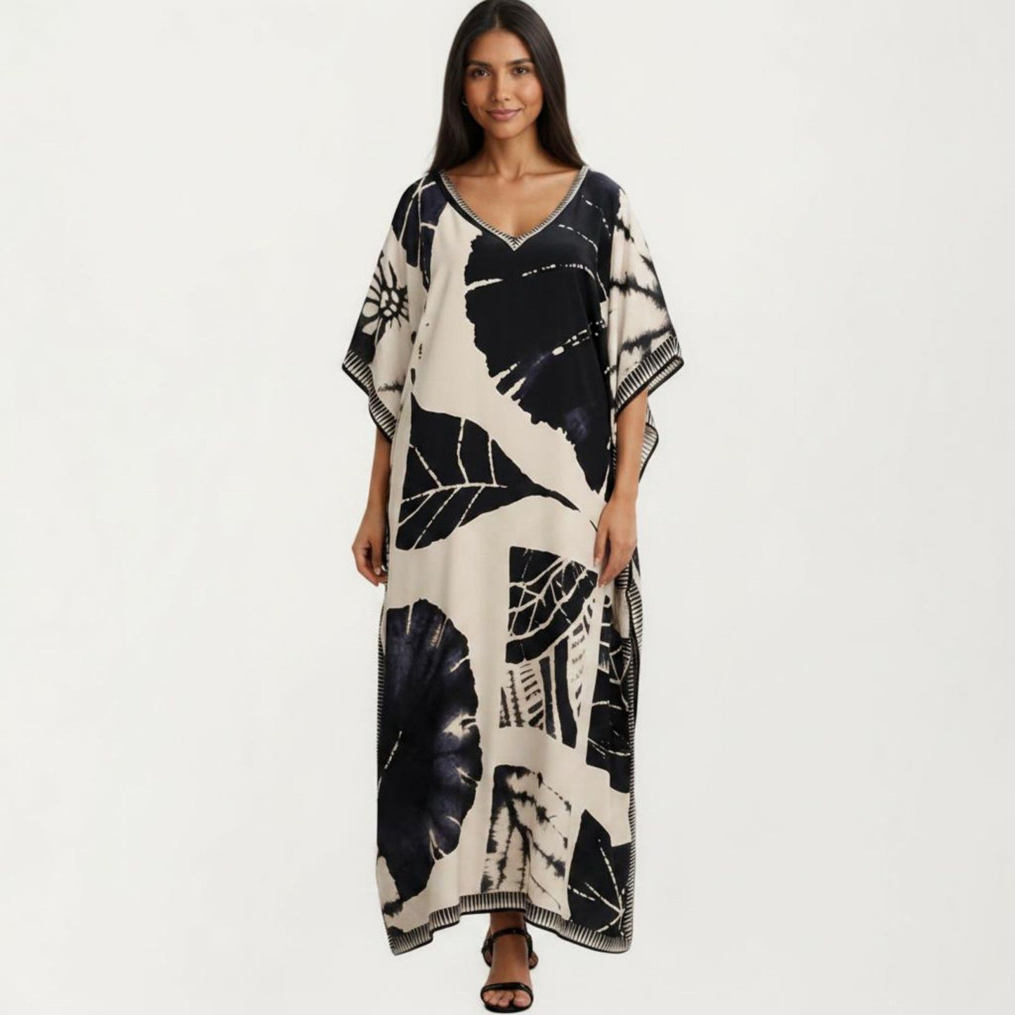 Abstract Print Maxi Caftan Dress with V-Neckline Short Sleeves and Relaxed Draped Silhouette
