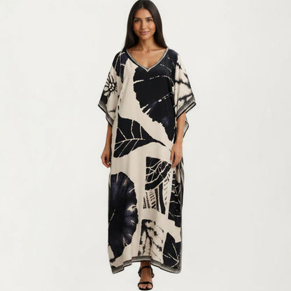 Abstract Print Maxi Caftan Dress with V-Neckline Short Sleeves and Relaxed Draped Silhouette