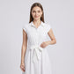 Collared Button Front Cap Sleeve Midi Shirt Dress with Pintuck Bodice Tie Waist and Flowy A Line Skirt