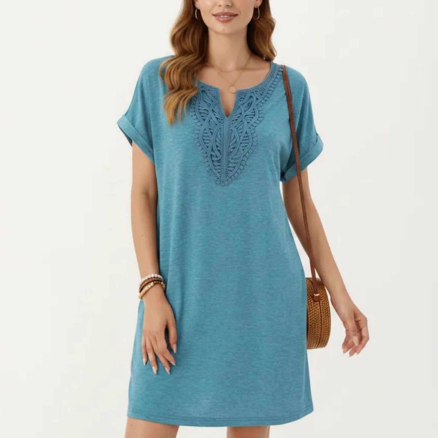 Short Sleeve Shift Dress with Split V Neck Embroidered Detail Relaxed Fit Casual Tunic Dress