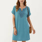 Short Sleeve Shift Dress with Split V Neck Embroidered Detail Relaxed Fit Casual Tunic Dress