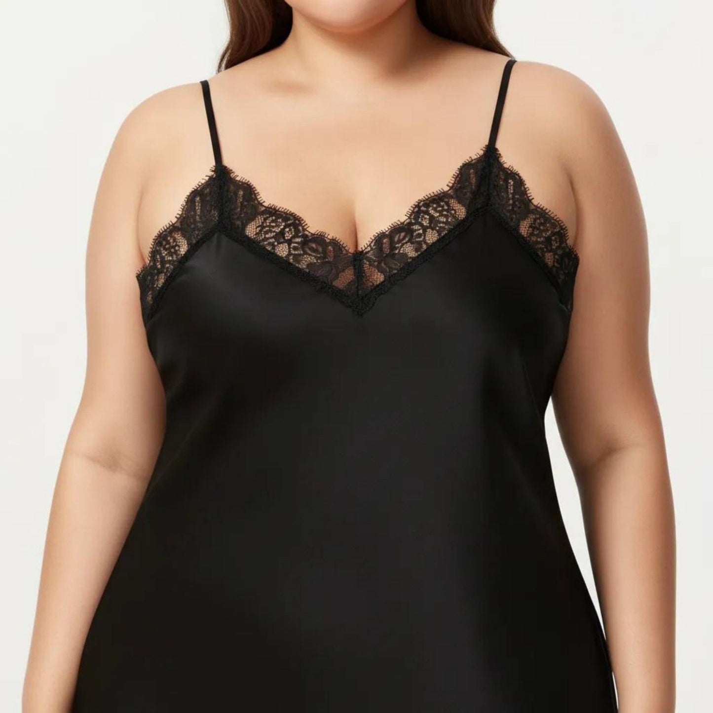 Plus Size Satin Chemise Lace Trim V Neck Sleep Dress Adjustable Strap Slip Nightgown