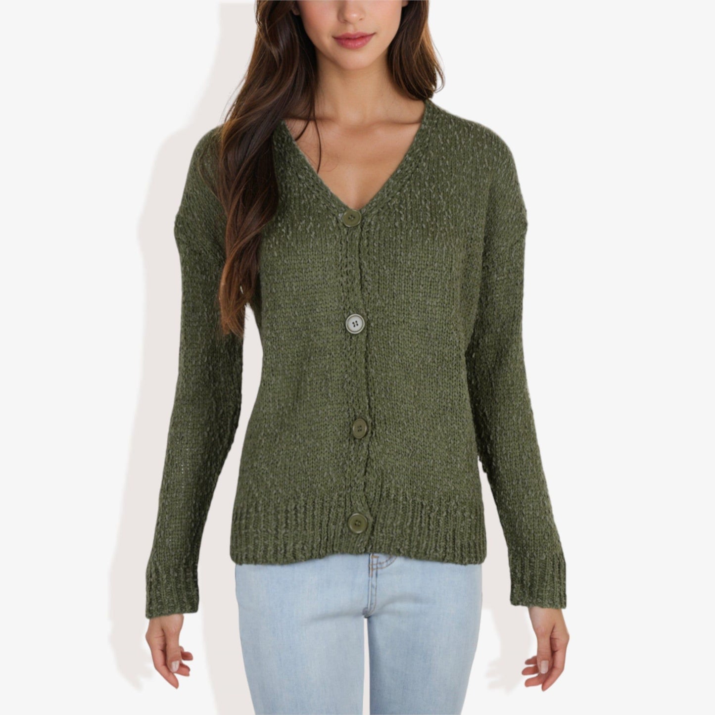 Button-Up Cardigan V-Neck Long Sleeve with Ribbed Hem