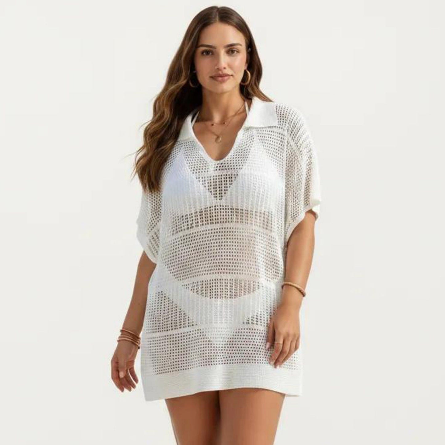 Mesh Swim Cover Up Dress with Open Knit Design Collared Neckline Short Sleeves Relaxed Fit