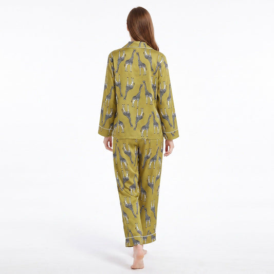 Giraffe Print 2 Piece Pajama Set with Long Sleeve Button Down Top and Pants