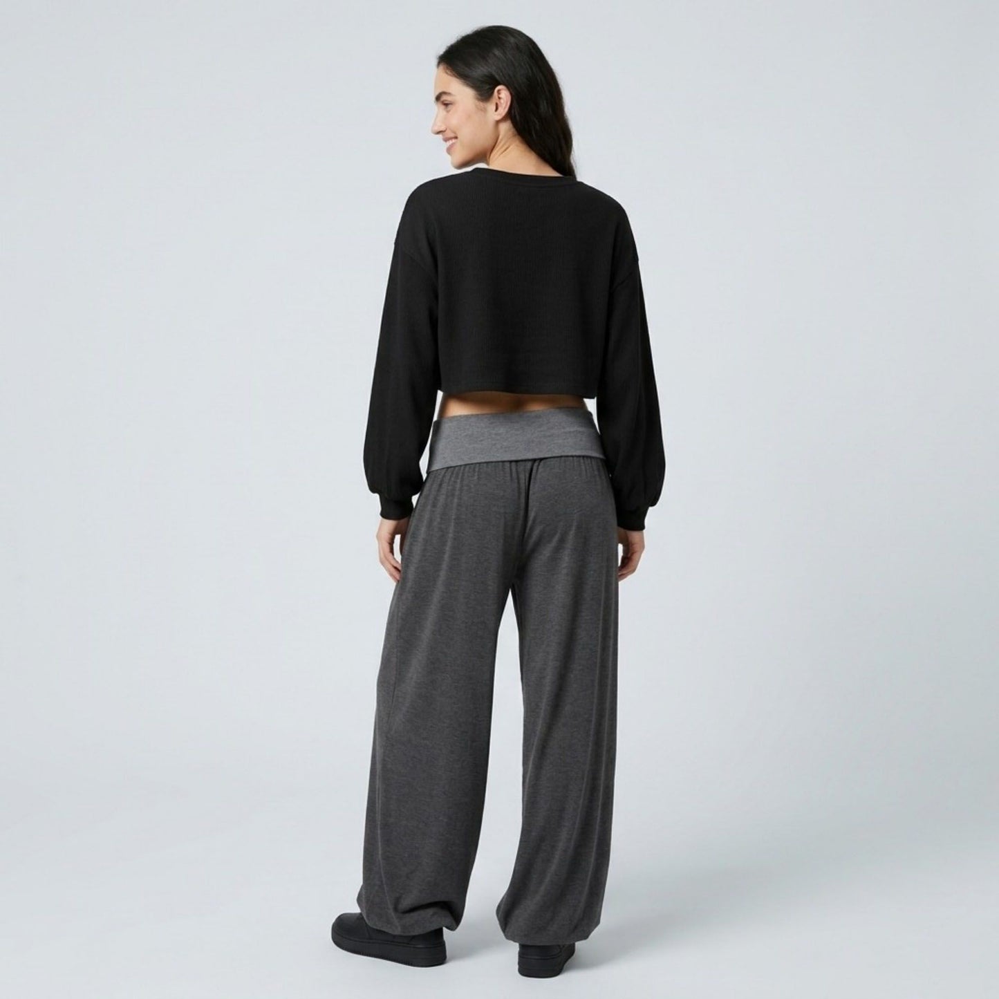 Contrast Foldover Waistband Full-Length Wide-Leg Trousers